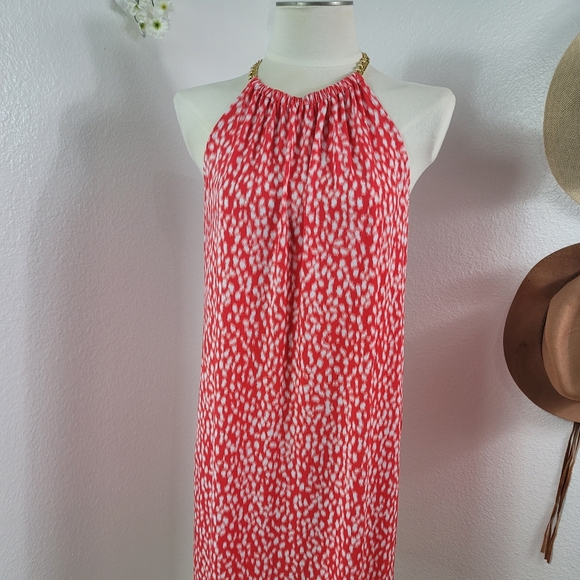MICHAEL KORS CORAL & WHITE CHAIN NECK SLEEVELESS  STRETCH DRESS SZ: M - Picture 5 of 16
